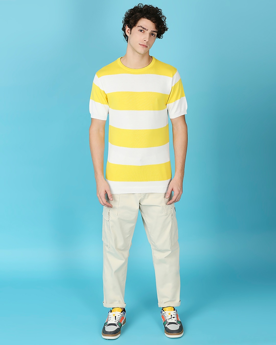 Buy Men's Yellow & White Striped Slim Fit Knit T-shirt for Men Yellow ...