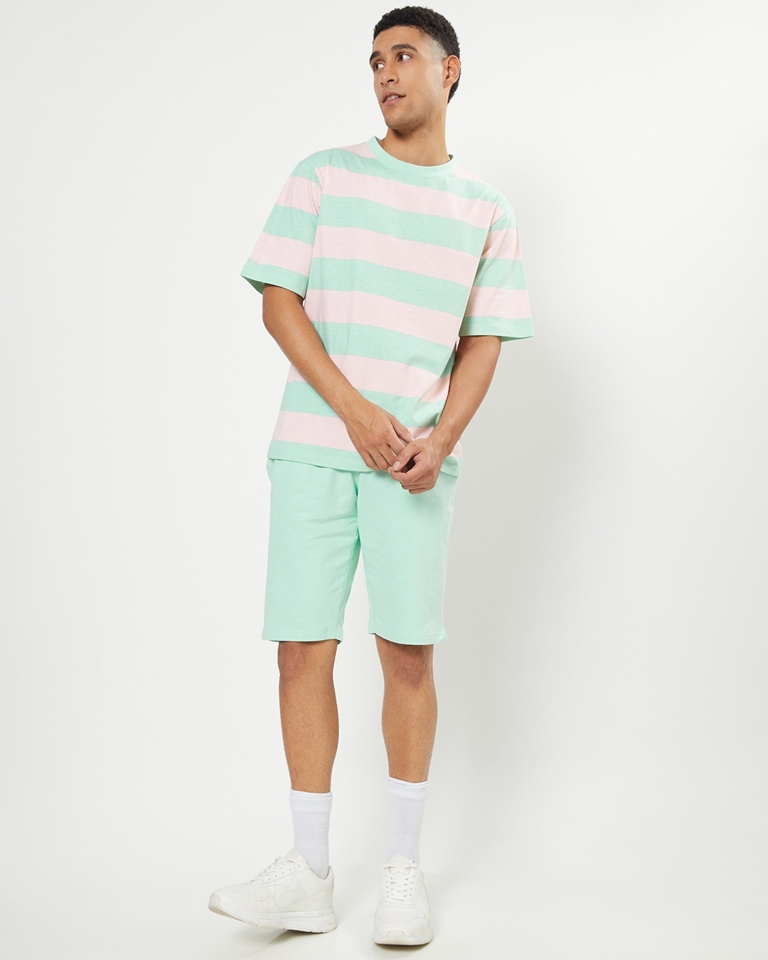 Shop Men Sun-Kissed Green and Pink Stripe Oversized Fit T-shirt-Full