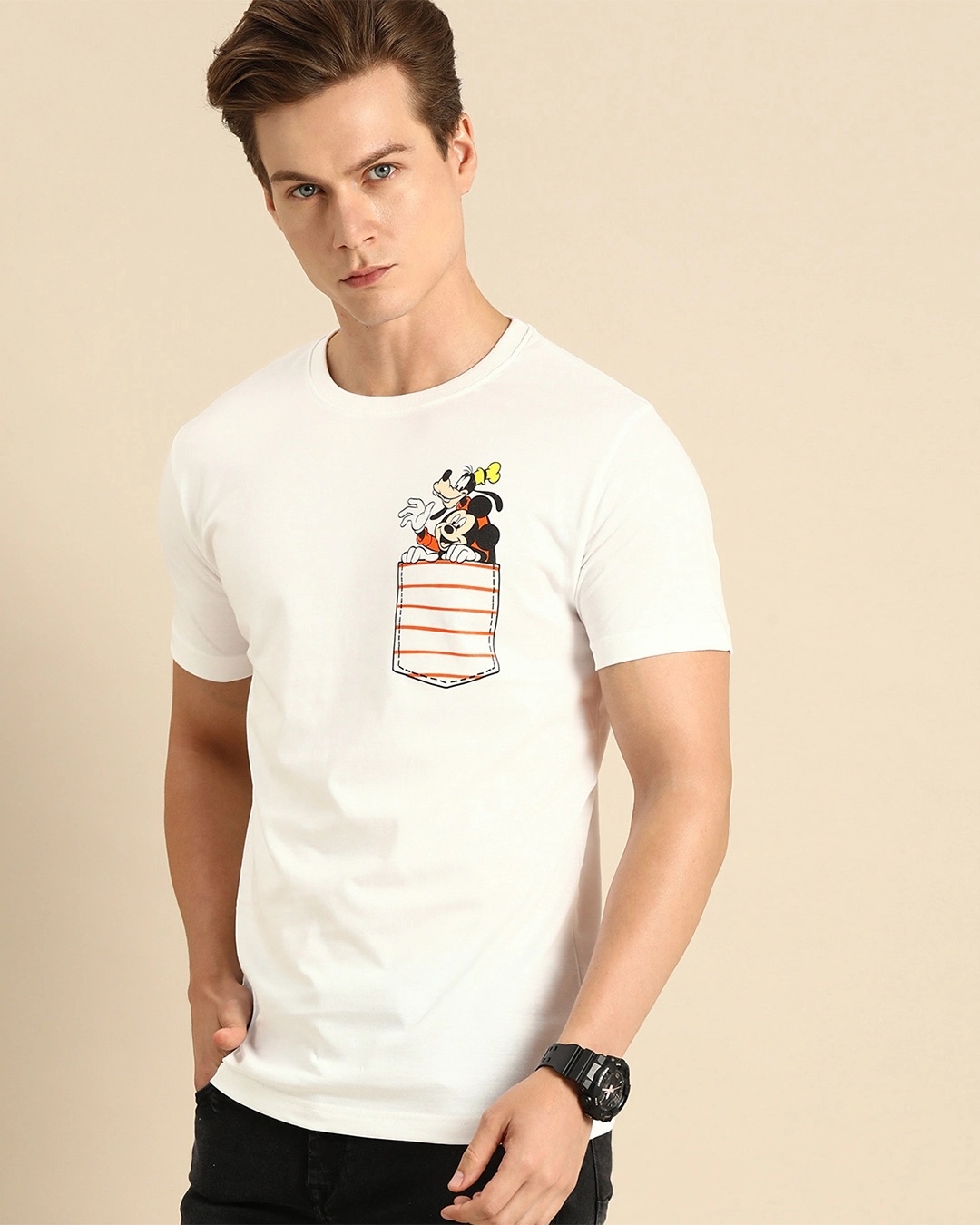Shop Men's White Goofy Mickey Pocket (DL) Graphic Printed T-shirt-Front