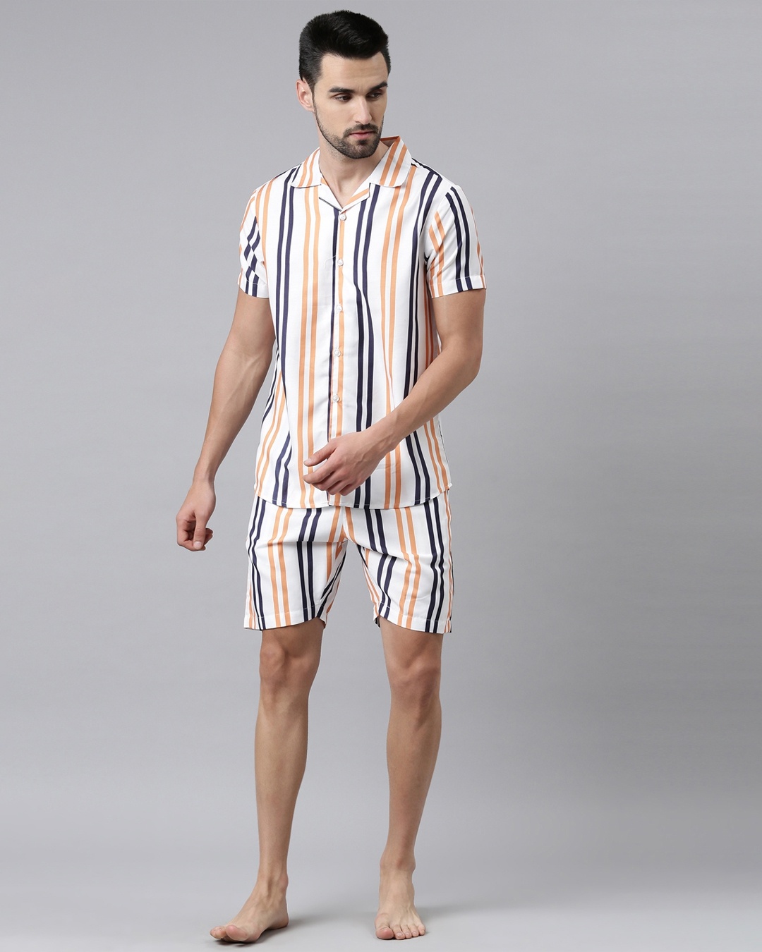 Buy Men White & Orange Striped Co-ord Set Online in India at Bewakoof