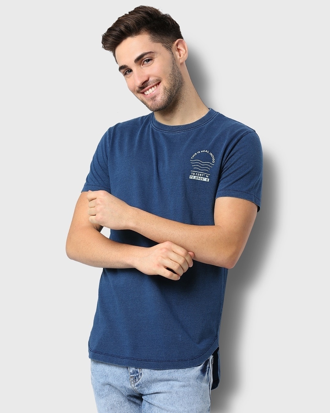 Shop Mens True Indigo Skate Cut Printed  Oversized T-shirt-Front