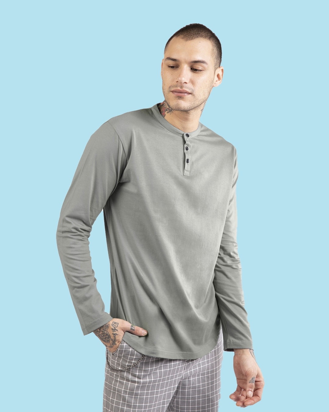 Shop Meteor Grey Full Sleeve Henley T-Shirt-Front