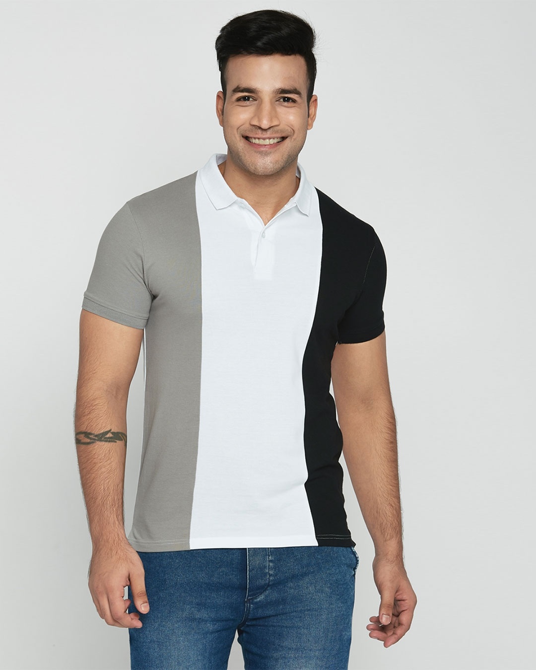 Shop Metetor Grey-White-Black Triple Vertical Block Polo T-Shirt-Front