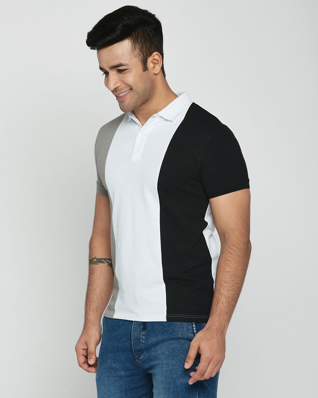 Shop Metetor Grey-White-Black Triple Vertical Block Polo T-Shirt-Back