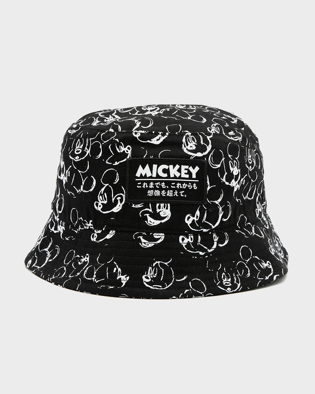 Unisex Black Mickey Doodle Printed Bucket Hat paired with resort shirts