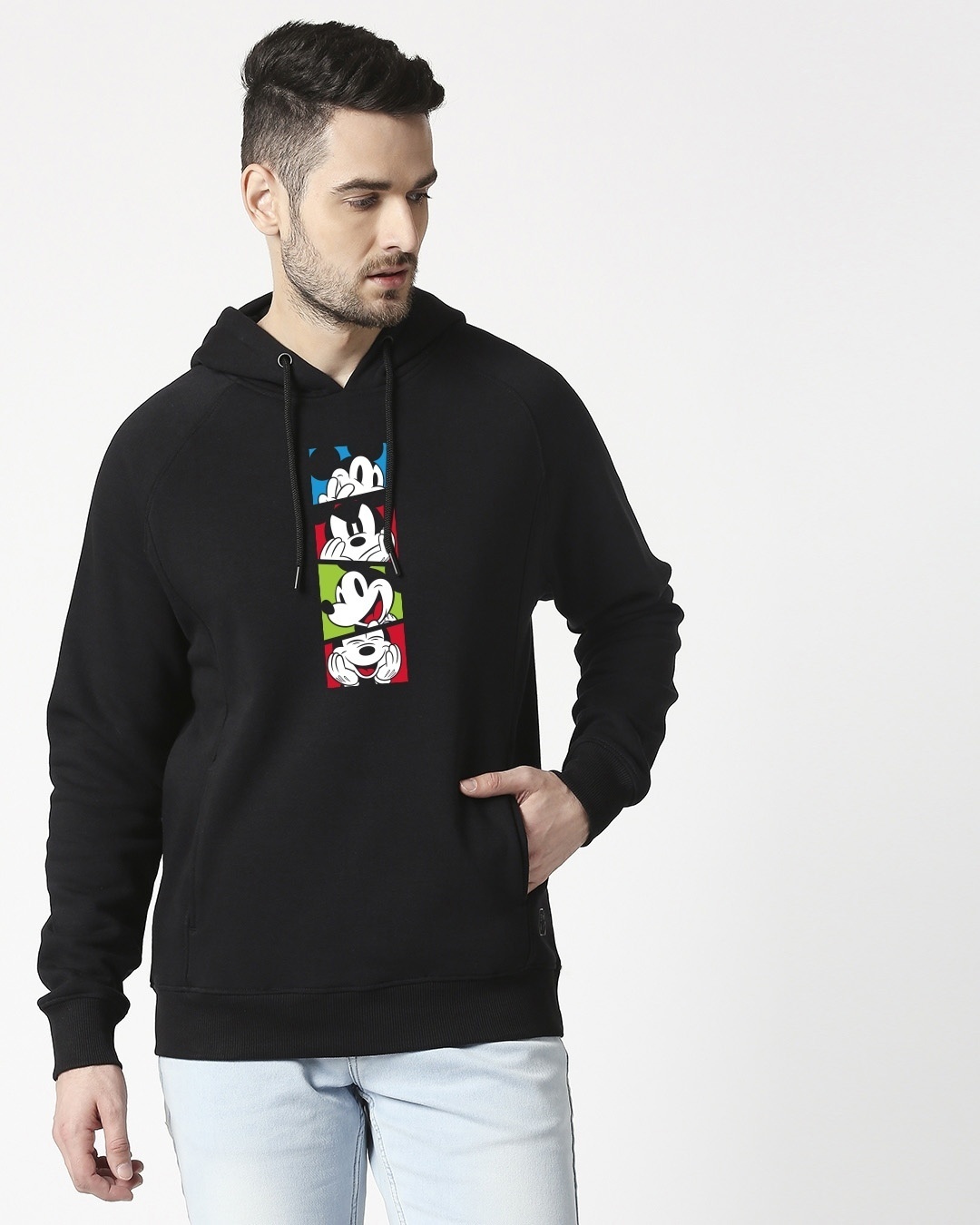 Shop Men's Black Mickey Pop Block Graphic Printed Cut & Sew Hoodie Sweatshirt-Front