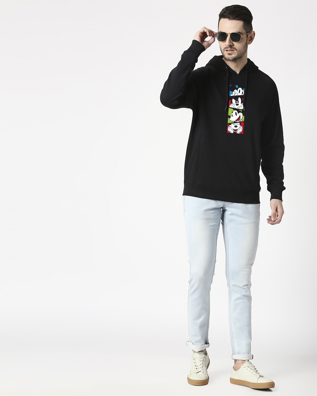 Shop Men's Black Mickey Pop Block Graphic Printed Cut & Sew Hoodie Sweatshirt-Full