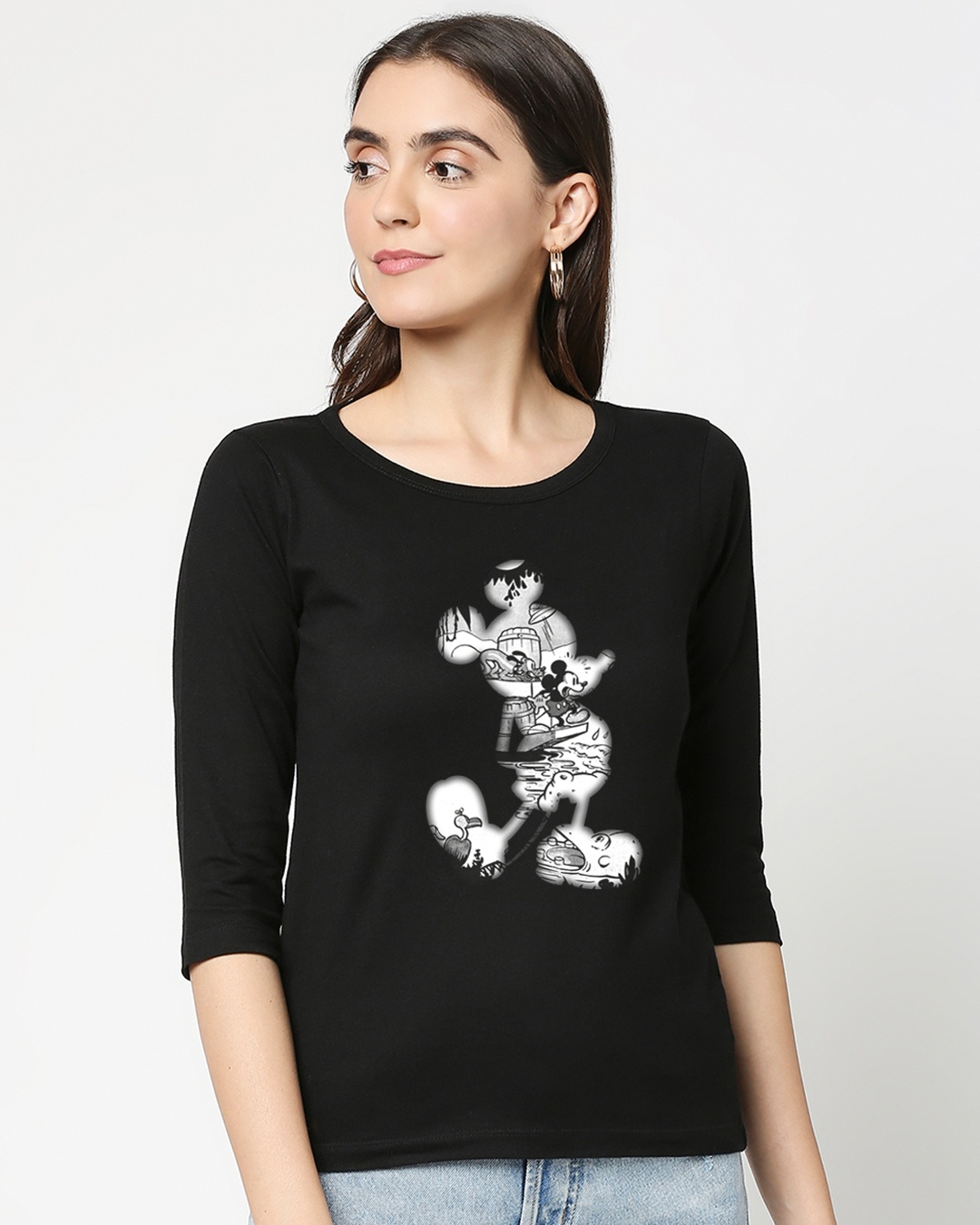 Shop Mickey Silhoutte Round Neck Sleeve T-shirt-Front
