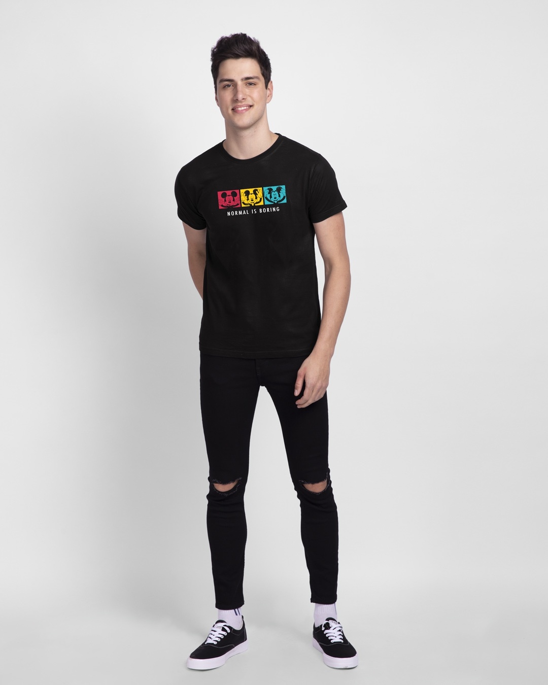 Shop Mickey Strip Color Half Sleeve T-shirt (DL) Black-Full