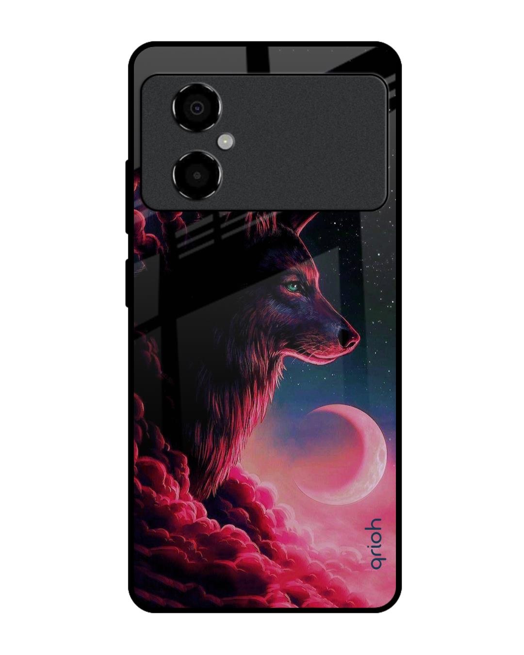 Shop Moon Wolf Printed Premium Glass Case for Poco M4 5G (Shock Proof,Scratch Resistant)-Front
