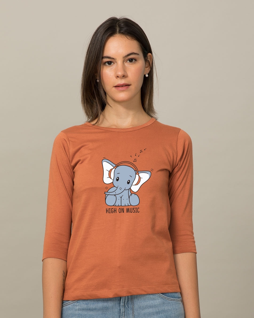Shop Music Elephant Round Neck 3/4th Sleeve T-Shirt-Front