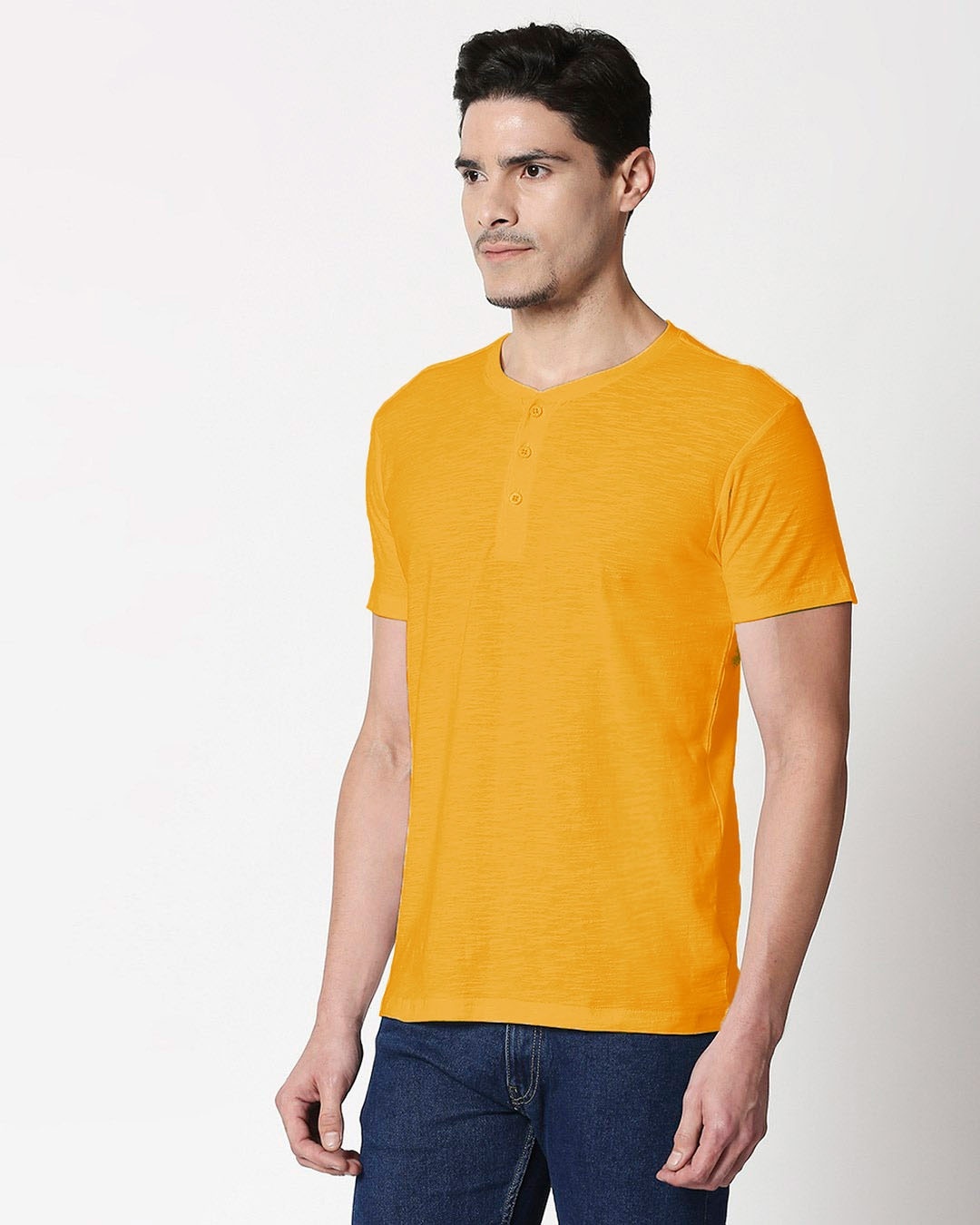 Shop Mustard Yellow Slub Henley T-Shirt-Back