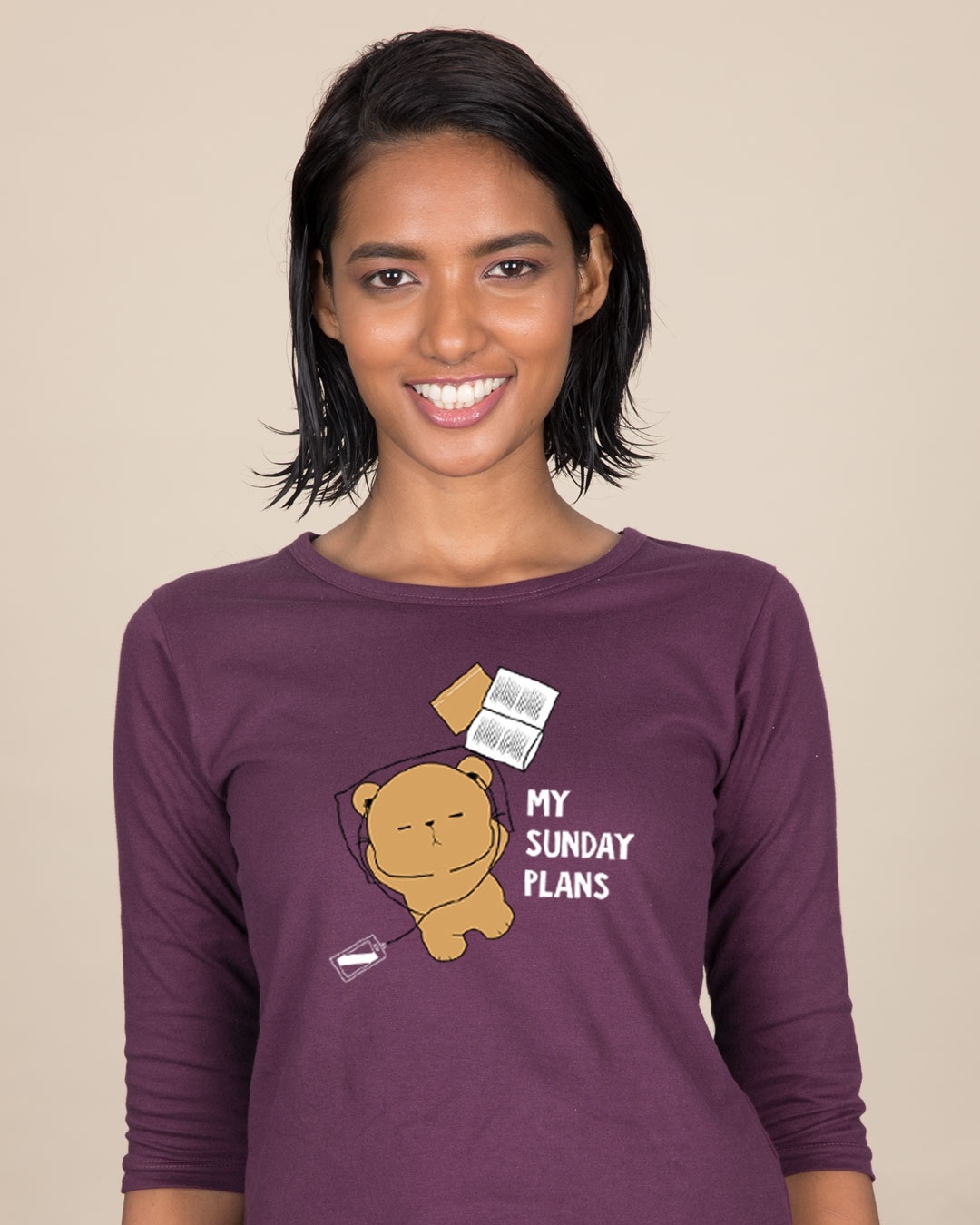 Shop My Sunday Plans-bear Round Neck 3/4th Sleeve T-Shirt-Front