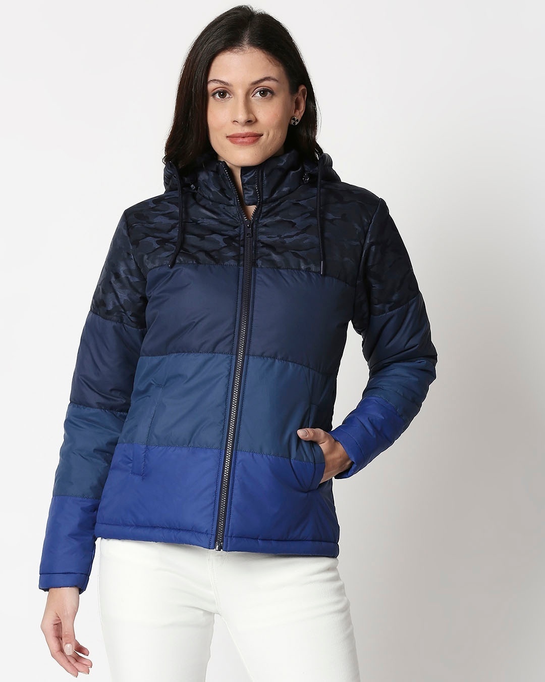 Shop Women's Navy Blue Camo Color Block Relaxed Fit Puffer Jacket-Back