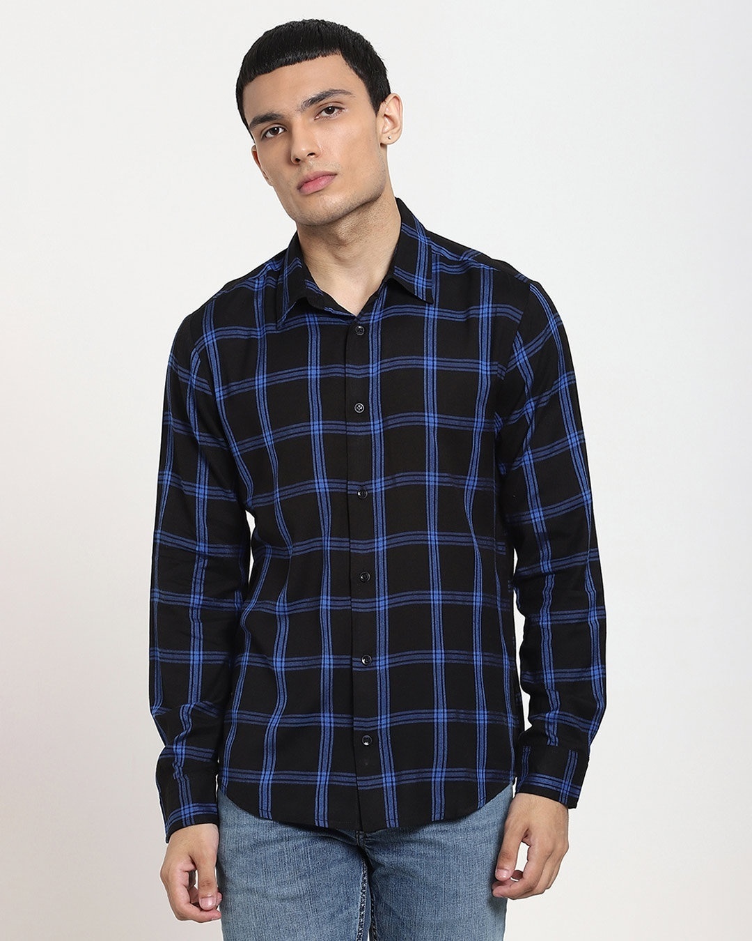 Shop Navy Blue Checks Casual Full Sleeve Shirt-Front