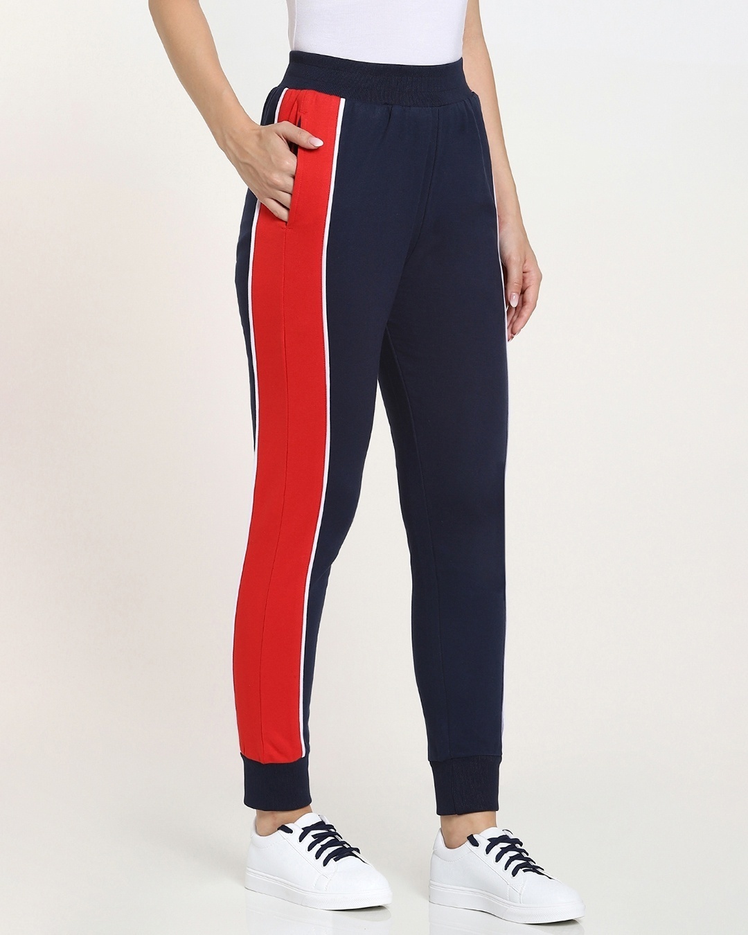Shop Navy Blue-High Risk Red WINO Fashion Color Block Joggers AW 21-Back