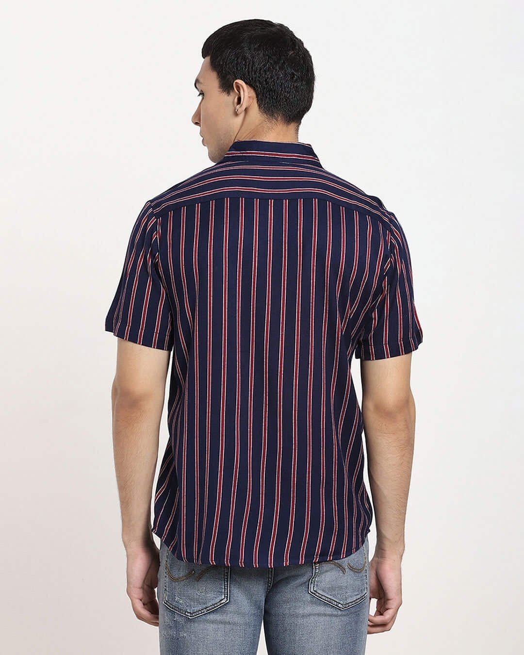 Shop Navy Blue Stripe Half Sleeve Shirt-Full