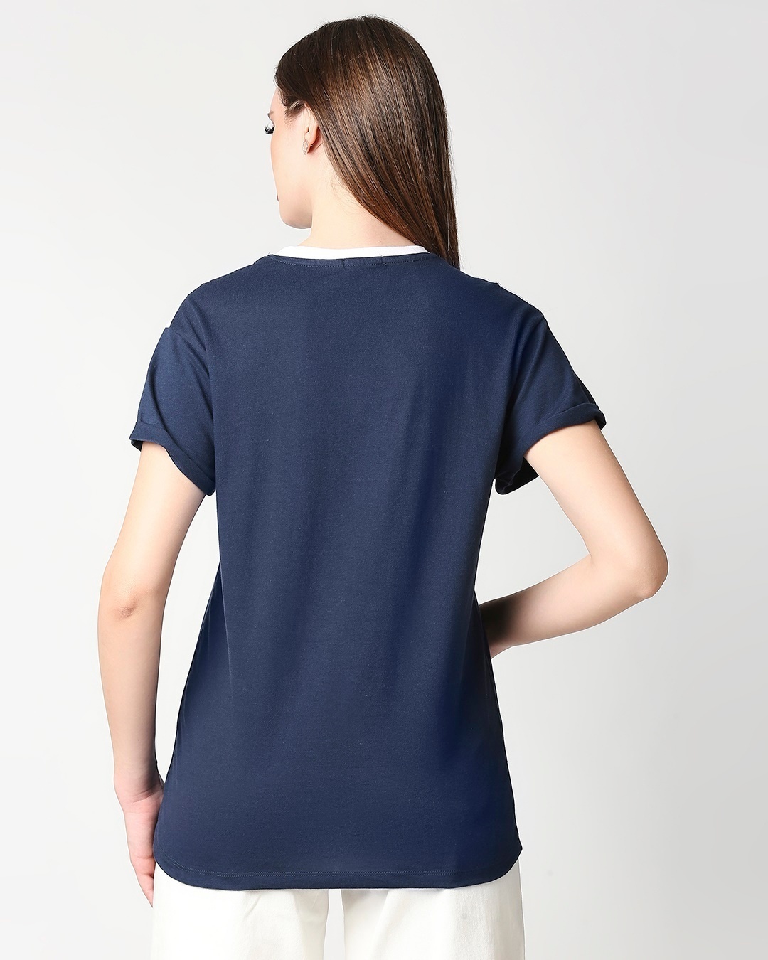 Shop Navy Blue- White Color Block Boyfriend T-shirt-Full