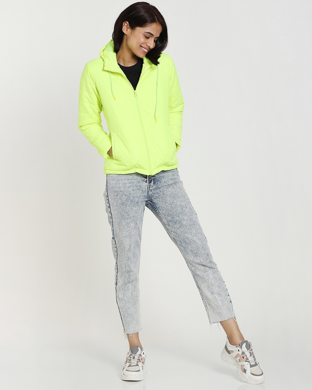 Shop Women's Neon Green Basic Relaxed Fit Puffer Jacket-Full