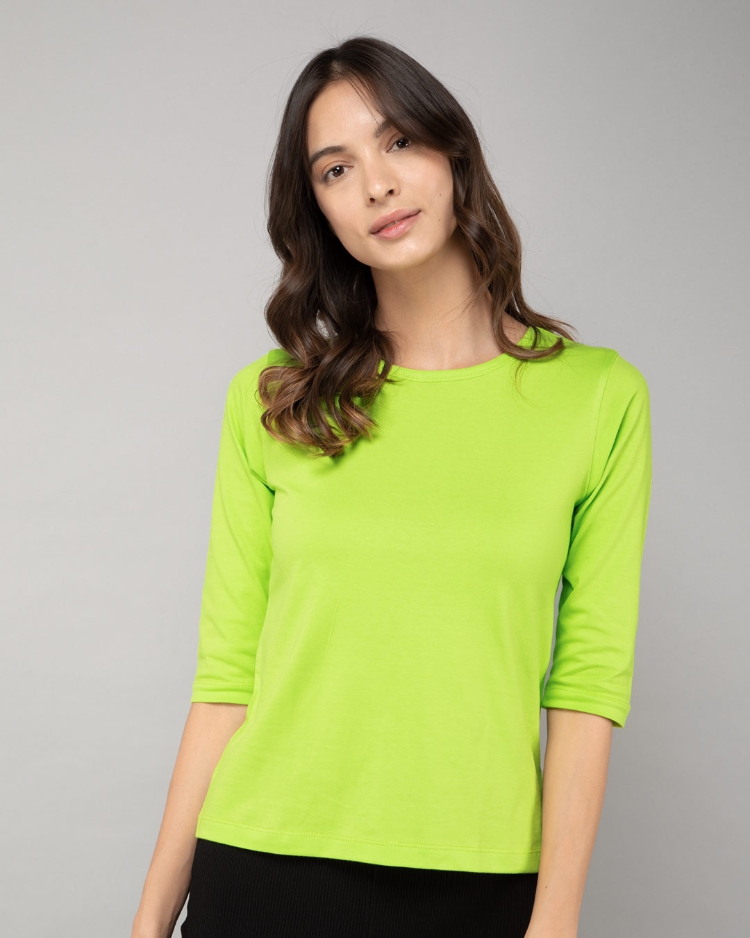 Shop Neon Green Round Neck 3/4th Sleeve T-Shirt-Front