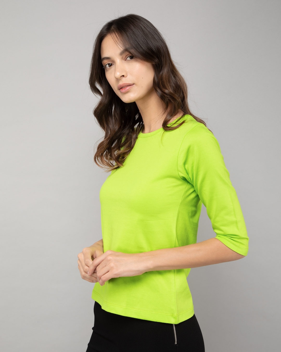 Shop Neon Green Round Neck 3/4th Sleeve T-Shirt-Back