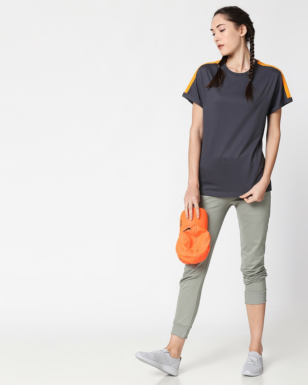 Shop Nimbus Grey-Neon Orange Shoulder Sleeve Boyfriend T-Shirt-Full