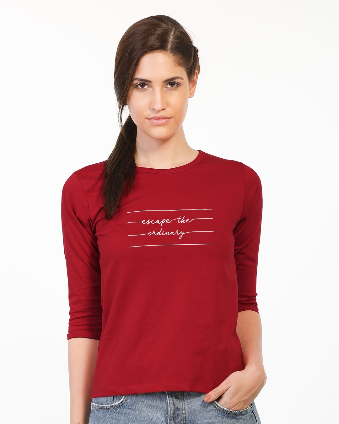 Shop Women's Red Not Ordinary 3/4th Sleeve Typography Slim Fit T-shirt-Back