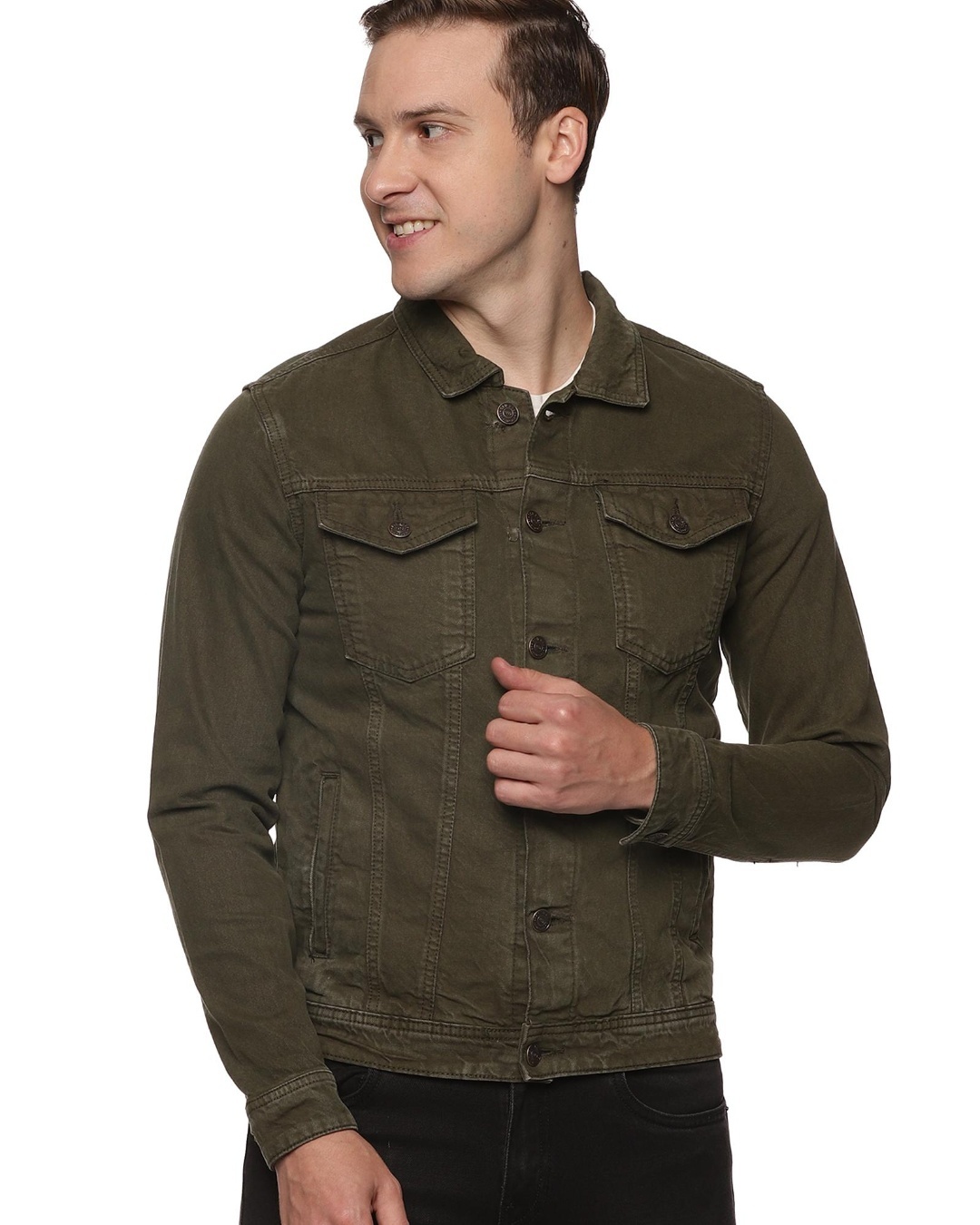 Buy HERE&NOW Men Olive Green Solid Denim Jacket With Pleat Detail - Jackets  for Men 10780722 | Myntra