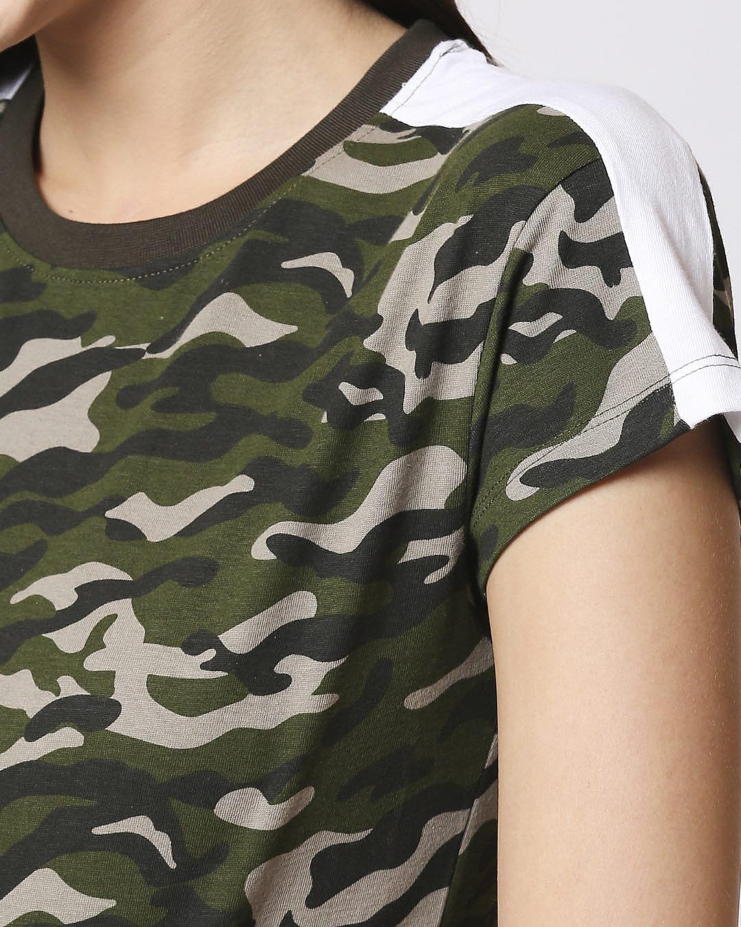 Shop Olive Camo Plain Shoulder Sleeves Panel Half Sleeves Camo T-Shirt