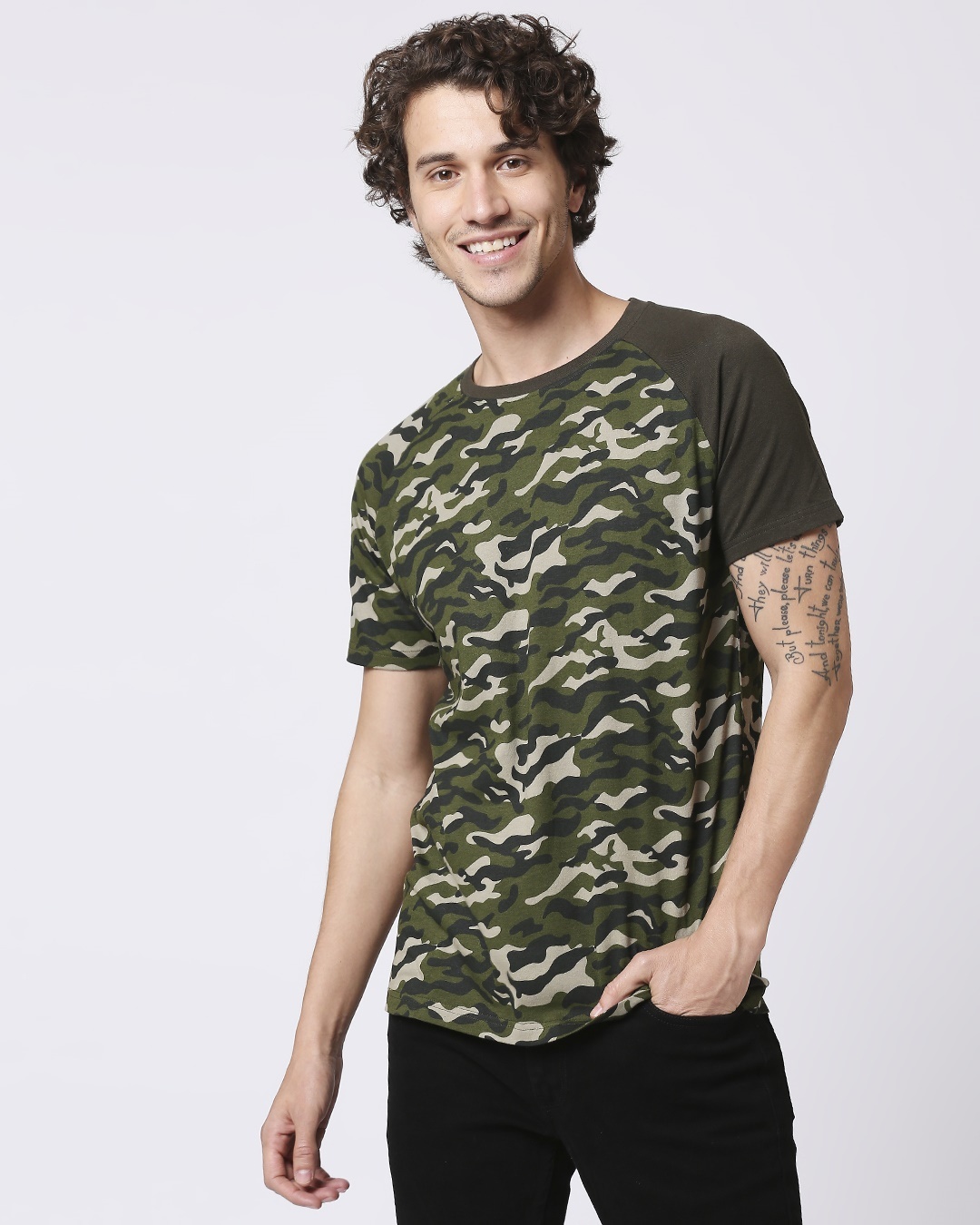Shop Olive Camo Sleeve Raglan Camo T-Shirt-Back