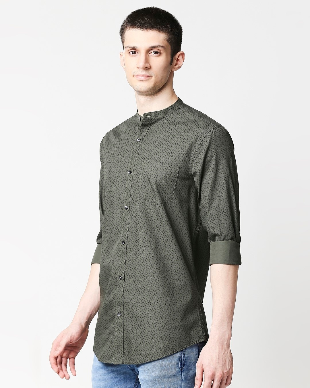Shop Olive Madarin Collar Print Shirt-Design