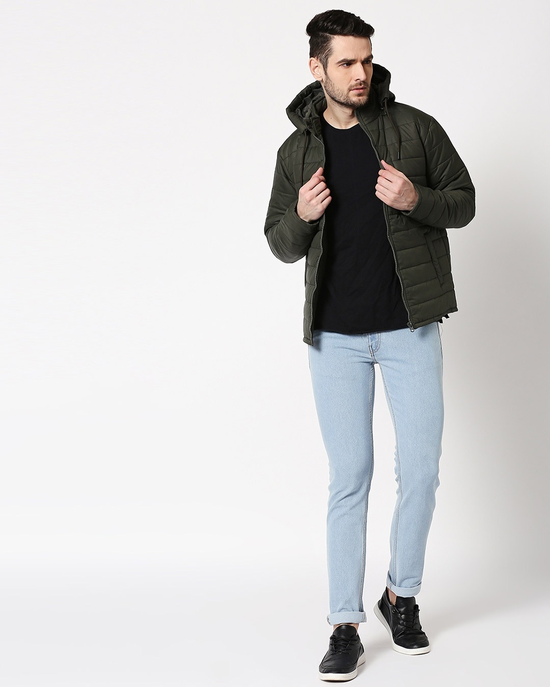 Shop Olive Plain Puffer Jacket with Detachable Hood
