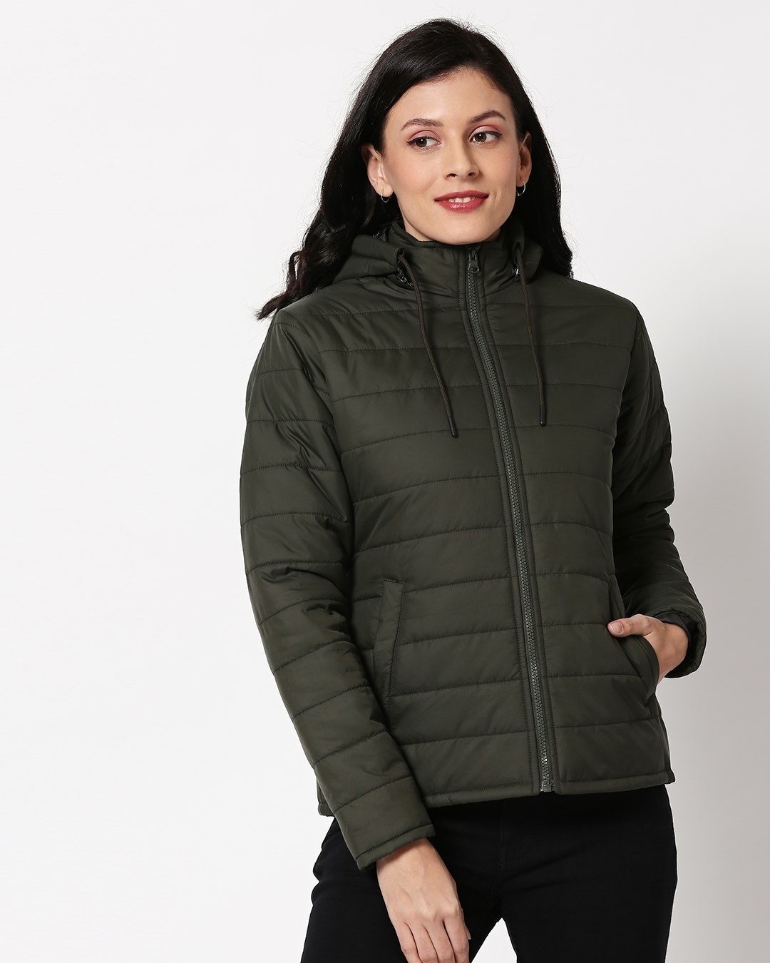 Buy Olive Plain Puffer Jacket with Detachable Hood for Women blue ...