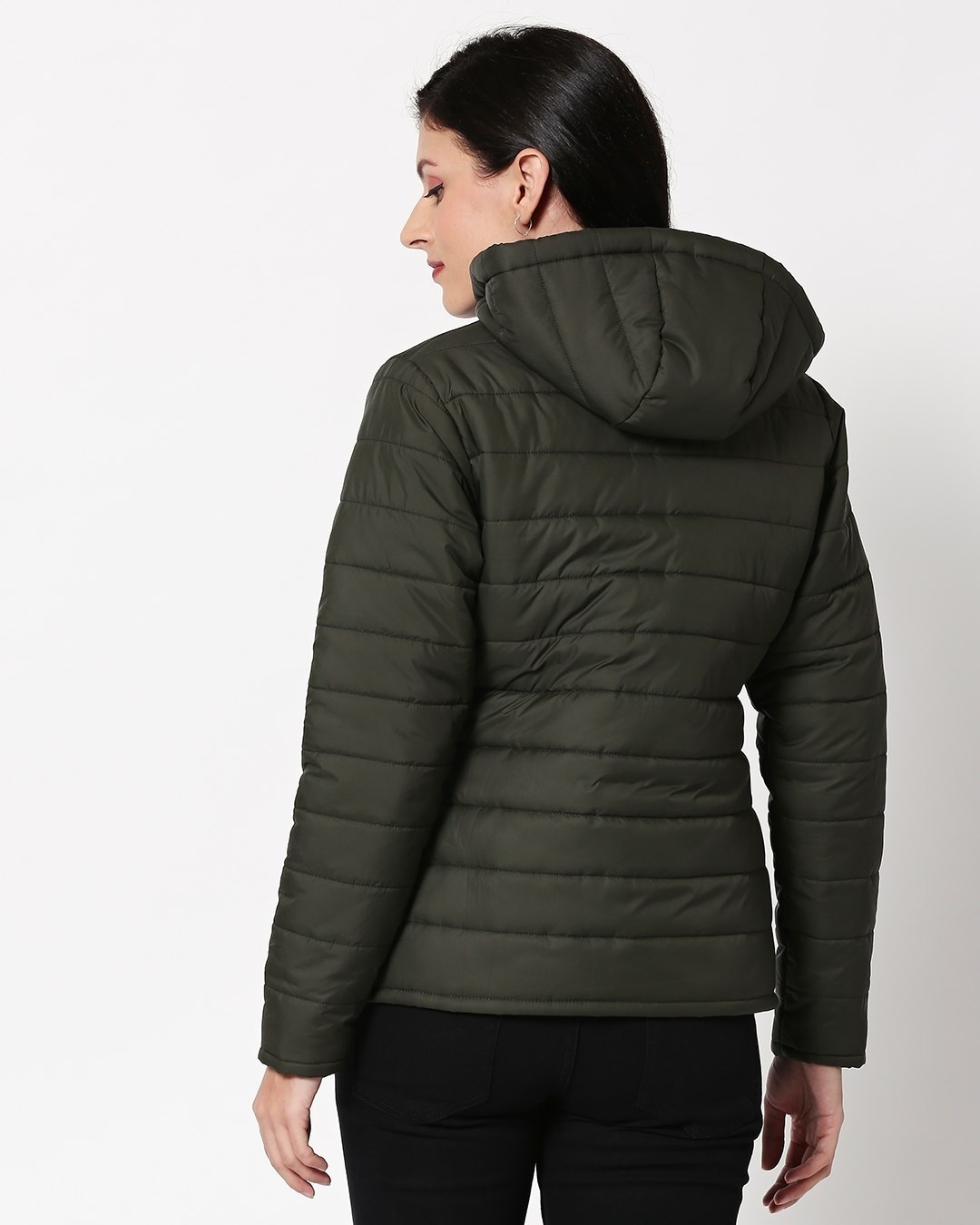 Shop Olive Plain Puffer Jacket with Detachable Hood-Full