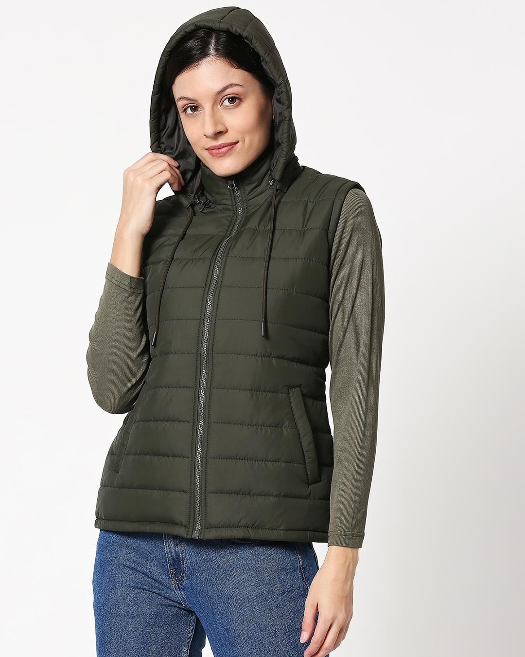 Shop Olive Plain Sleeveless Puffer Jacket With Detachable Hood-Design