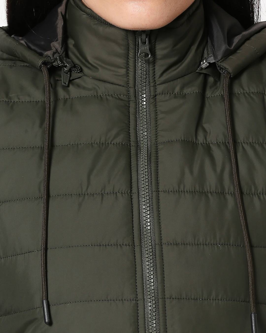 Shop Olive Plain Sleeveless Puffer Jacket With Detachable Hood