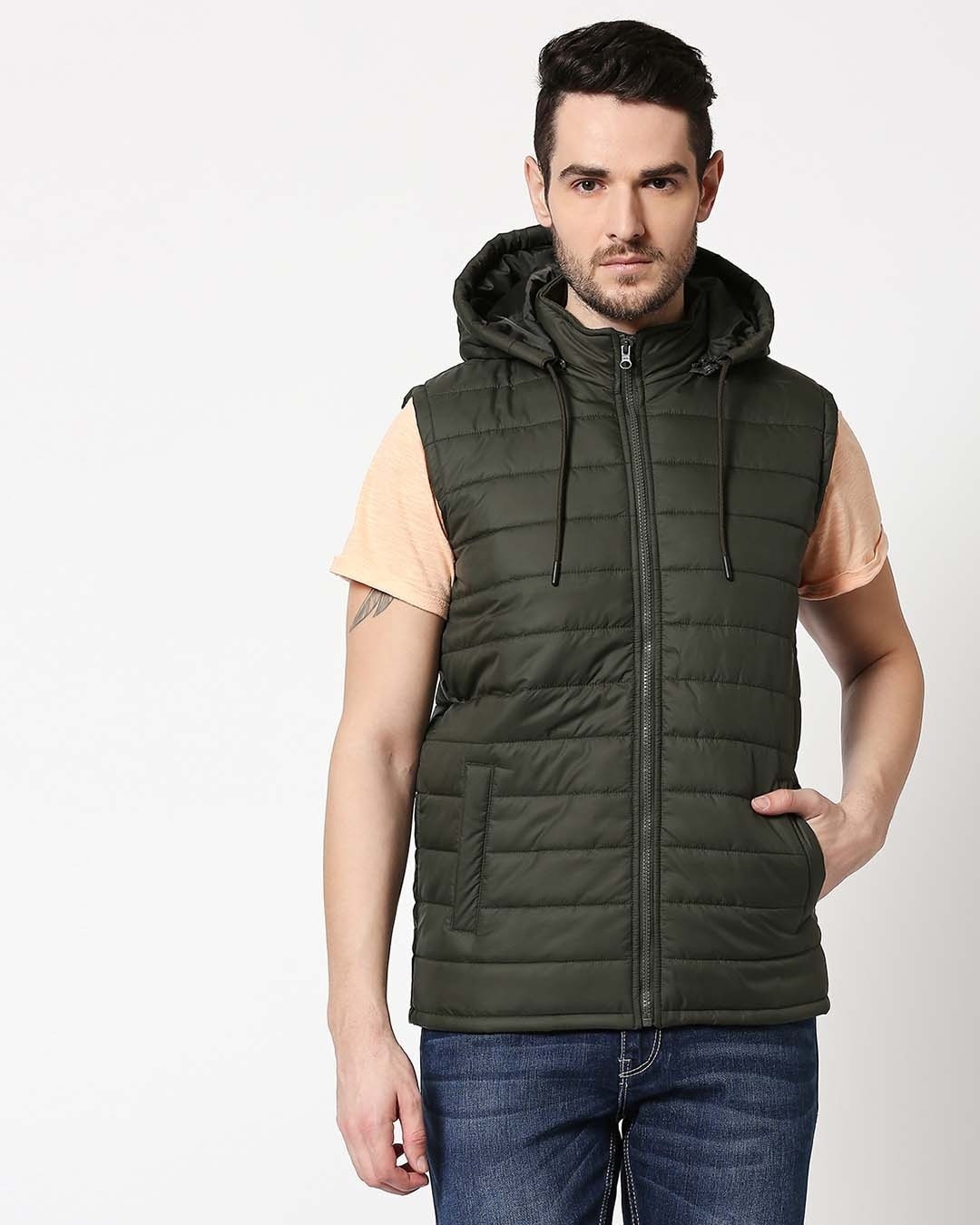 Shop Olive Plain Sleeveless Puffer Jacket with Detachable Hood-Design