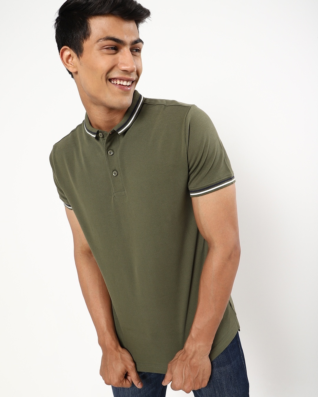 Shop Olive Short Collar Tipping Polo-Front