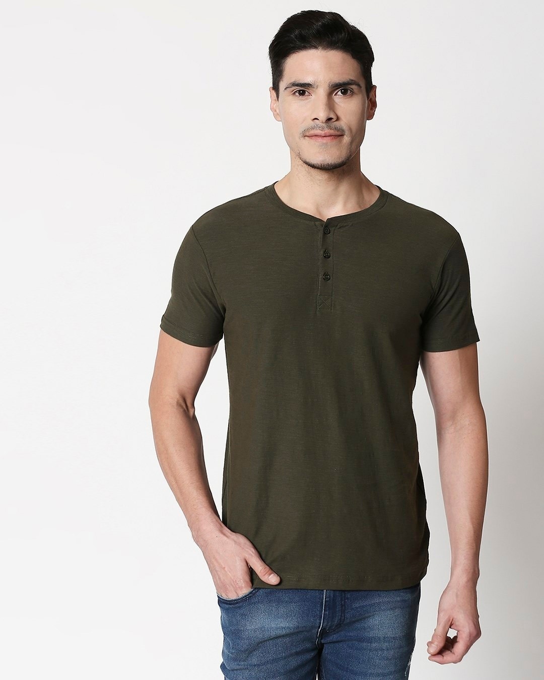 Shop Olive Slub Half Sleeve Henley T-Shirt-Front