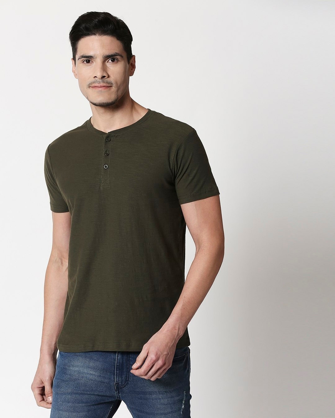 Buy Olive Slub Half Sleeve Henley T-Shirt for Men green Online at Bewakoof