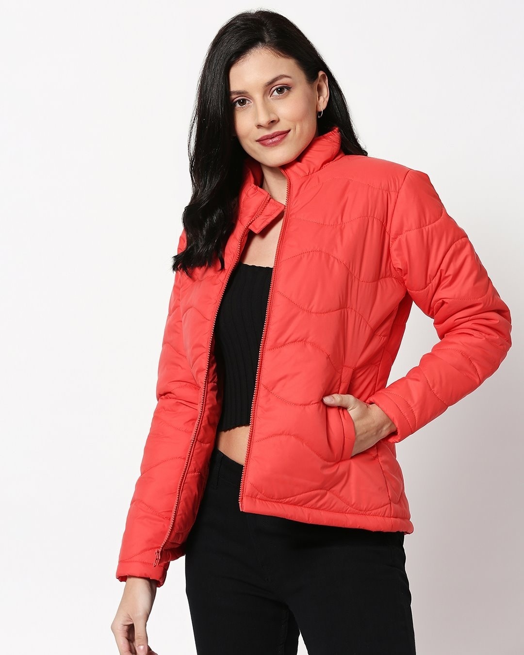 Shop Women's Orange Relaxed Fit Puffer Jacket-Front