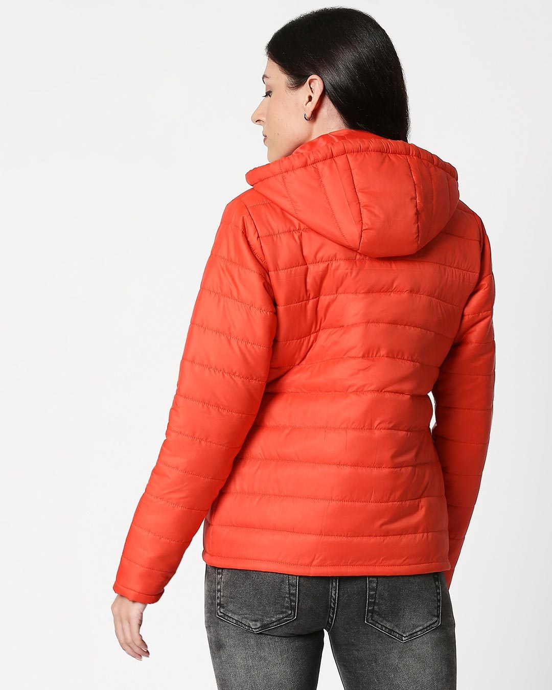 Shop Orange Plain Puffer Jacket with Detachable Hood-Full