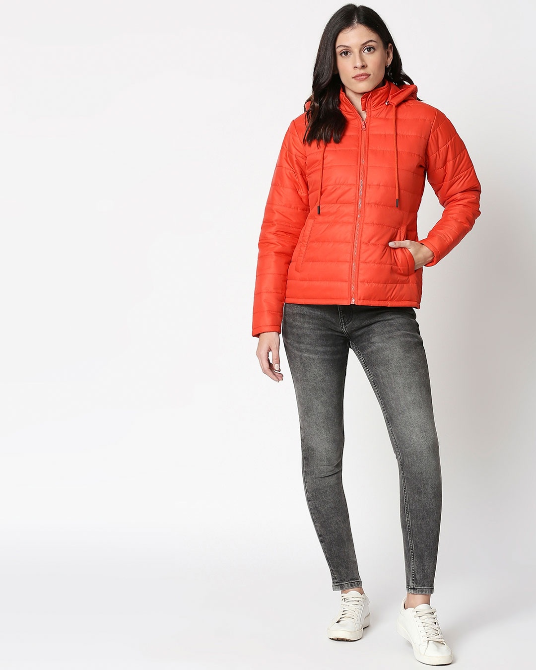 Shop Orange Plain Puffer Jacket with Detachable Hood