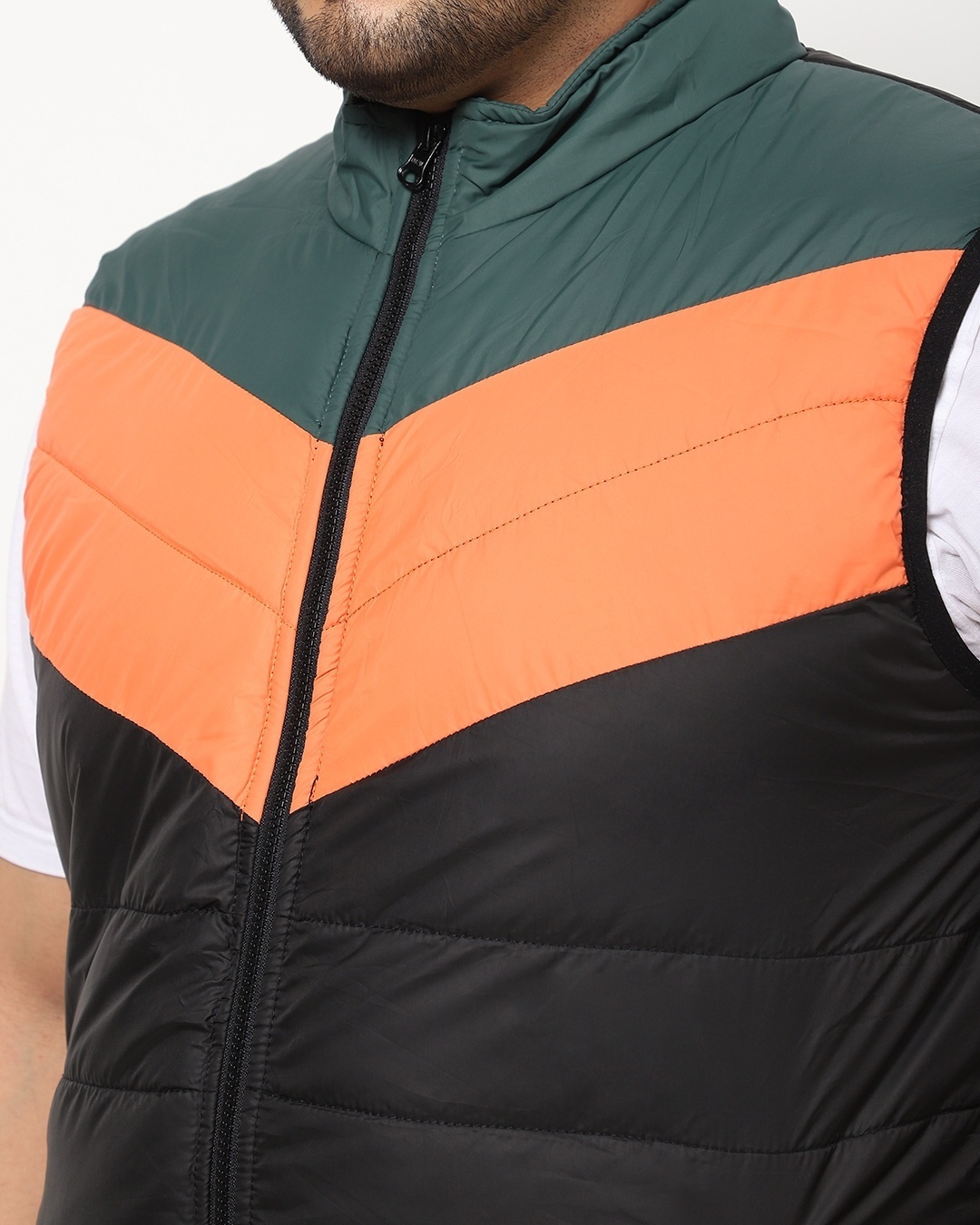 Shop Orange Plus Size Sleeveless Color Block Puffer Jacket
