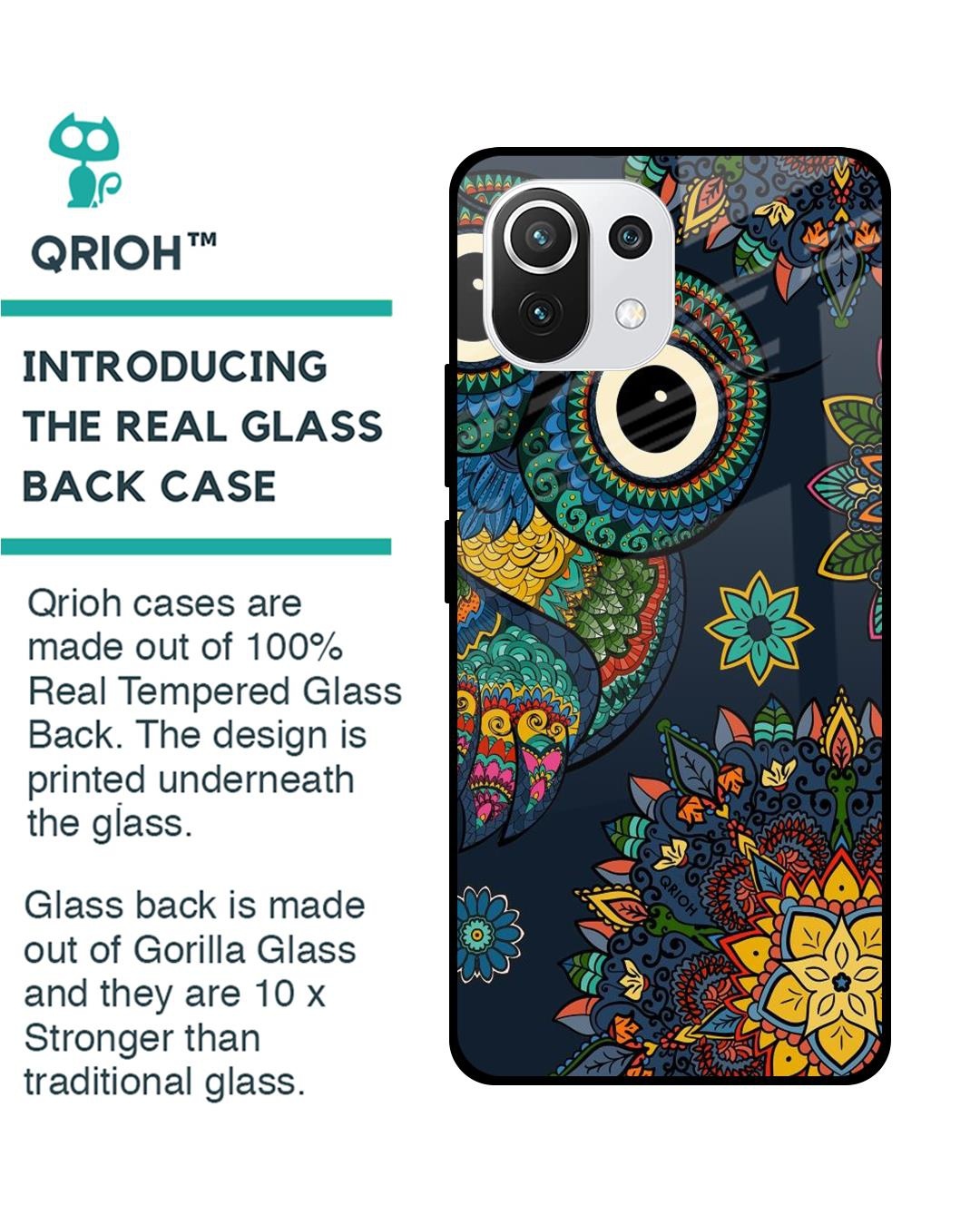 Shop Owl Art Printed Premium Glass Cover For Mi 11 Lite NE 5G (Impact Resistant, Matte Finish)-Back