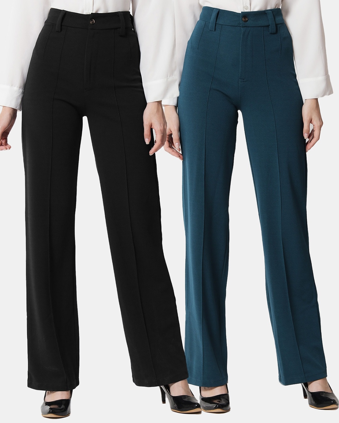 Buy Pack of 2 Women's Black & Green Straight Fit Trousers Online at