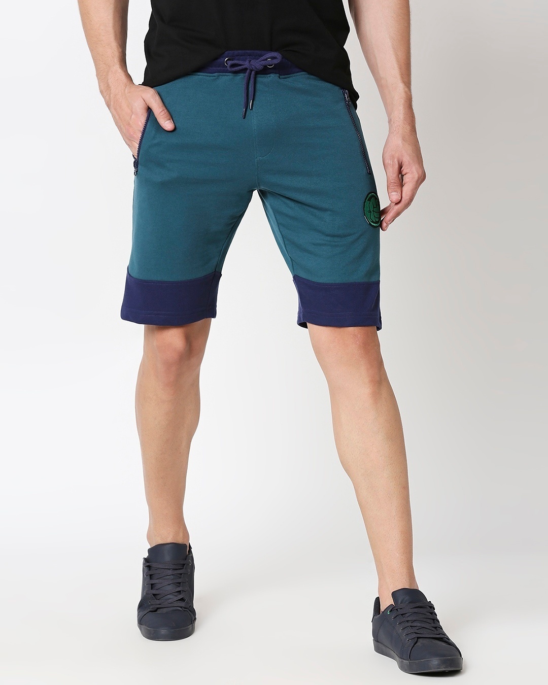 Shop Pageant Blue-Dazzling Blue Plain Fashion Collabs Zipper Shorts-Front
