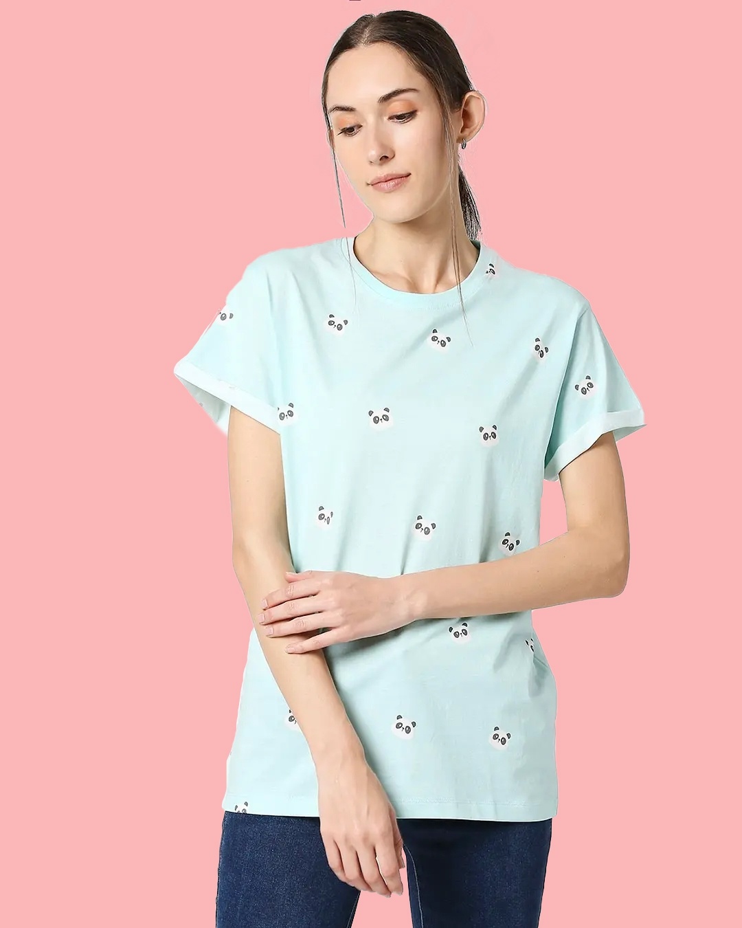Shop Women's Sky Blue Panda Fun AOP Boyfriend T-shirt-Front