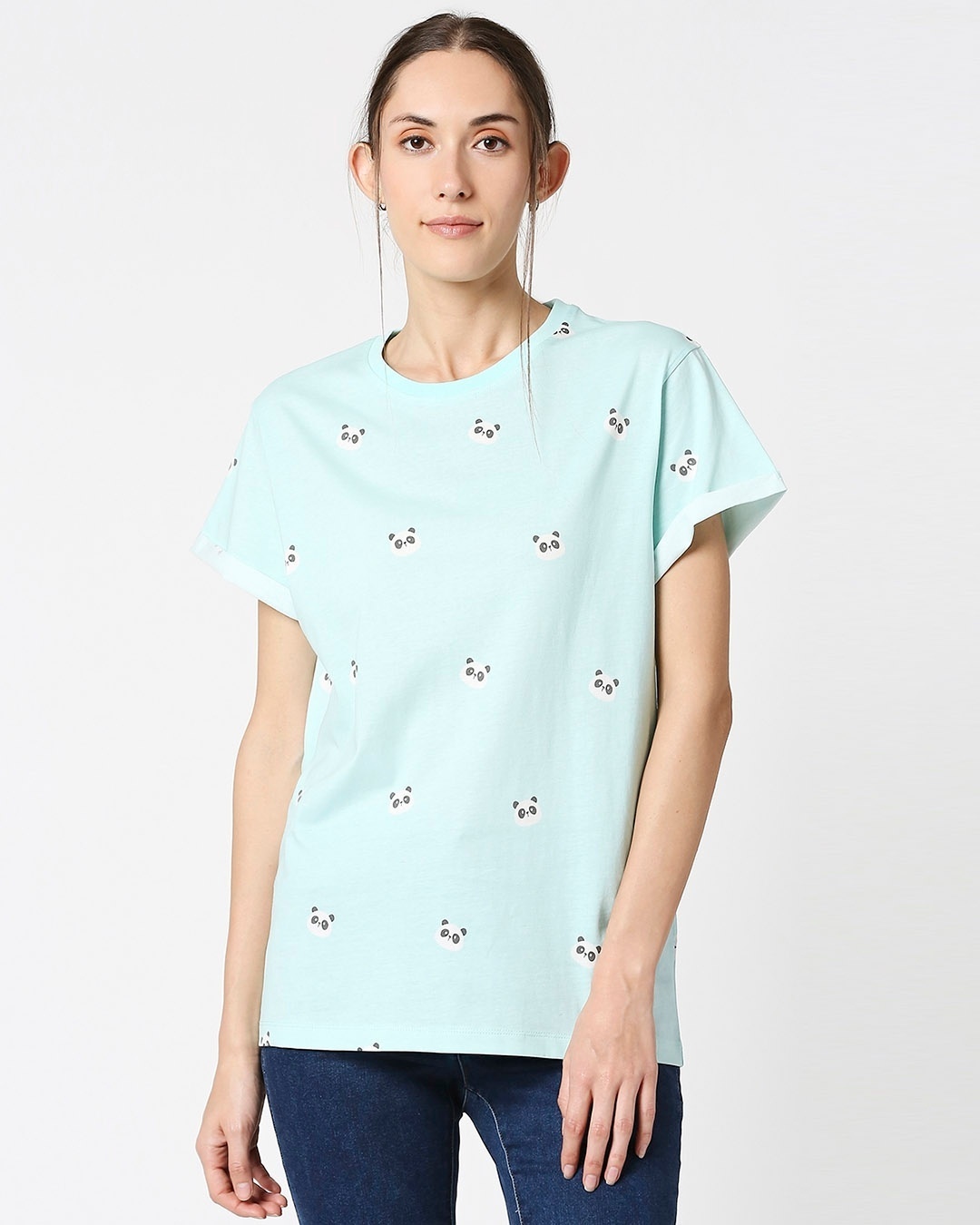 Shop Women's Sky Blue Panda Fun AOP Boyfriend T-shirt-Back