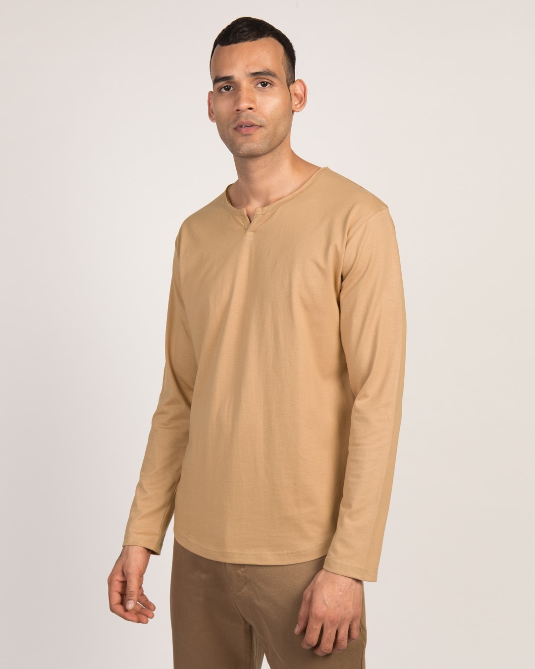 Shop Pastel Beige Slit Neck Full Sleeve Henley T-Shirt-Design